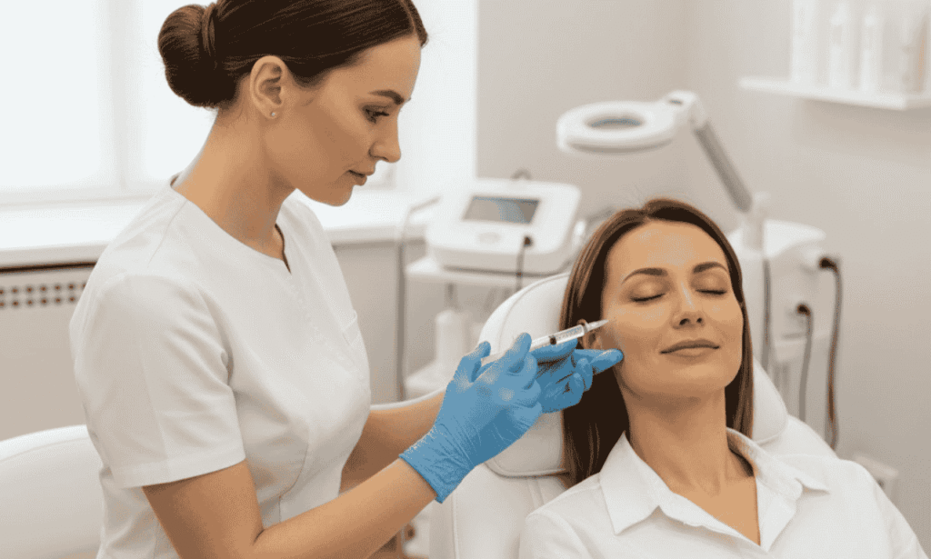 Professional aesthetic injector performing dermal filler treatment on a patient’s cheek in a clean, modern clinic setting.