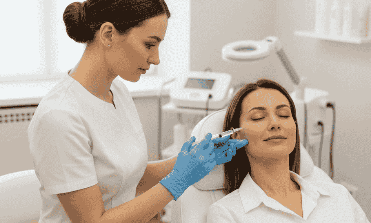 Professional aesthetic injector performing dermal filler treatment on a patient’s cheek in a clean, modern clinic setting.