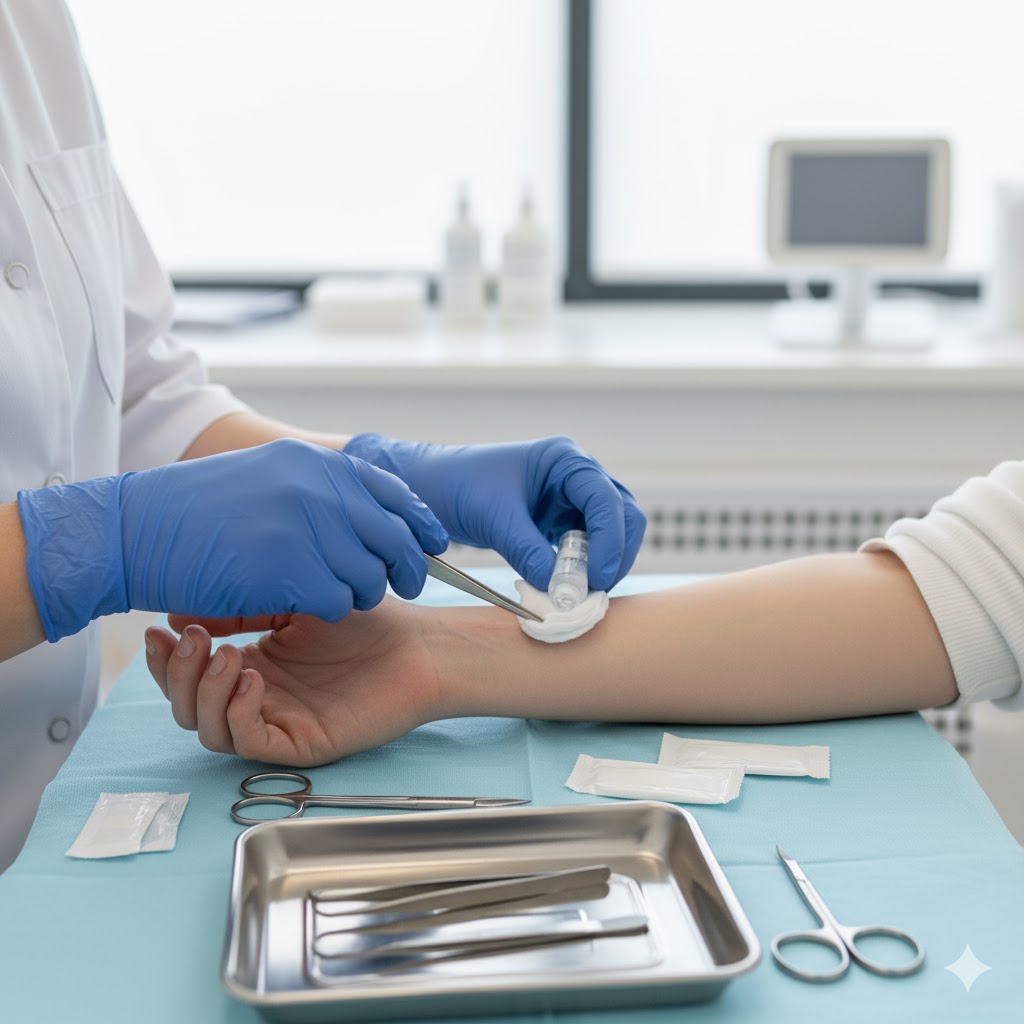 Medical professional providing gentle wound care treatment